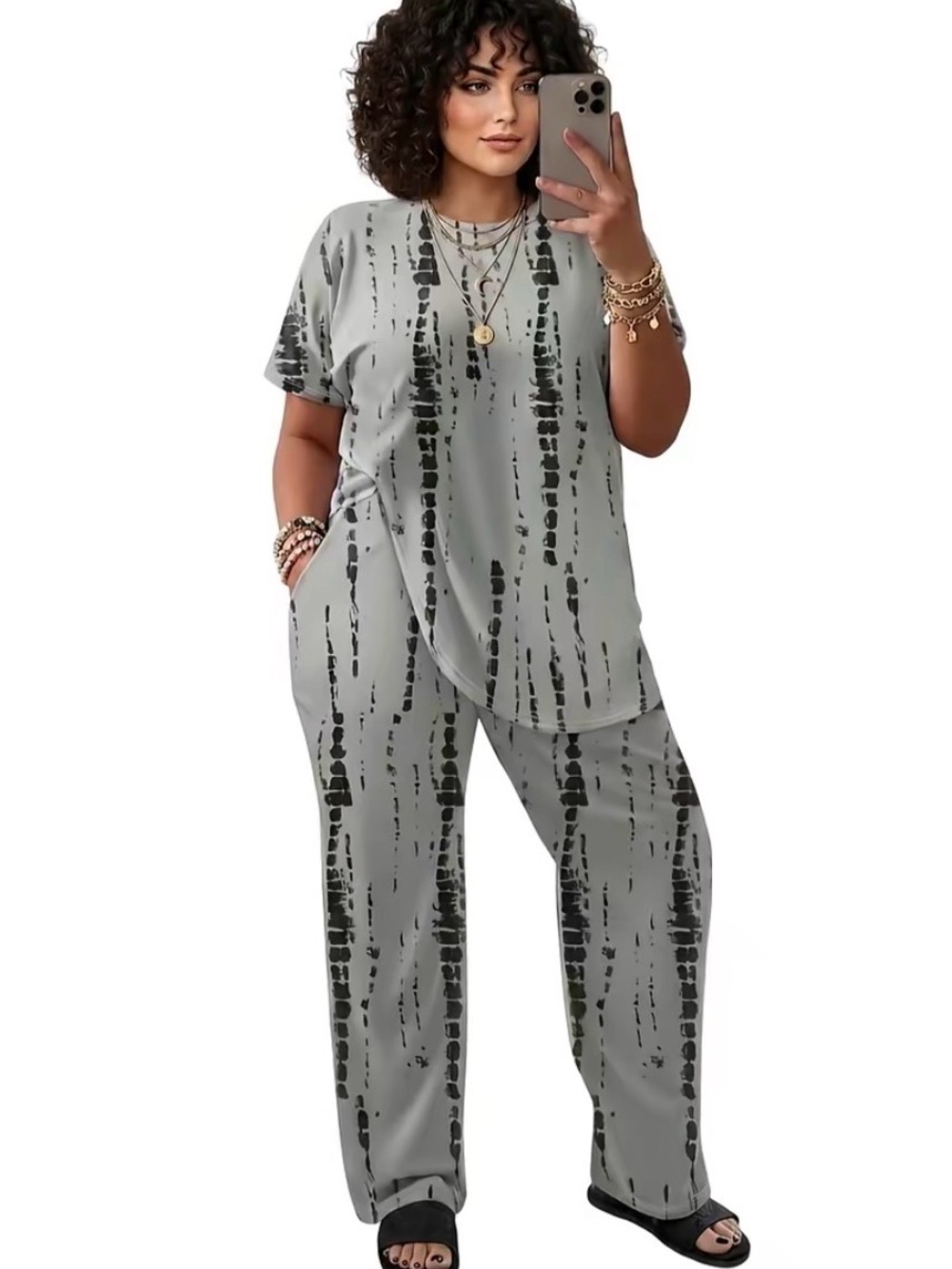 Plus Size Gray Tie-Dye Wide Leg Pants Set